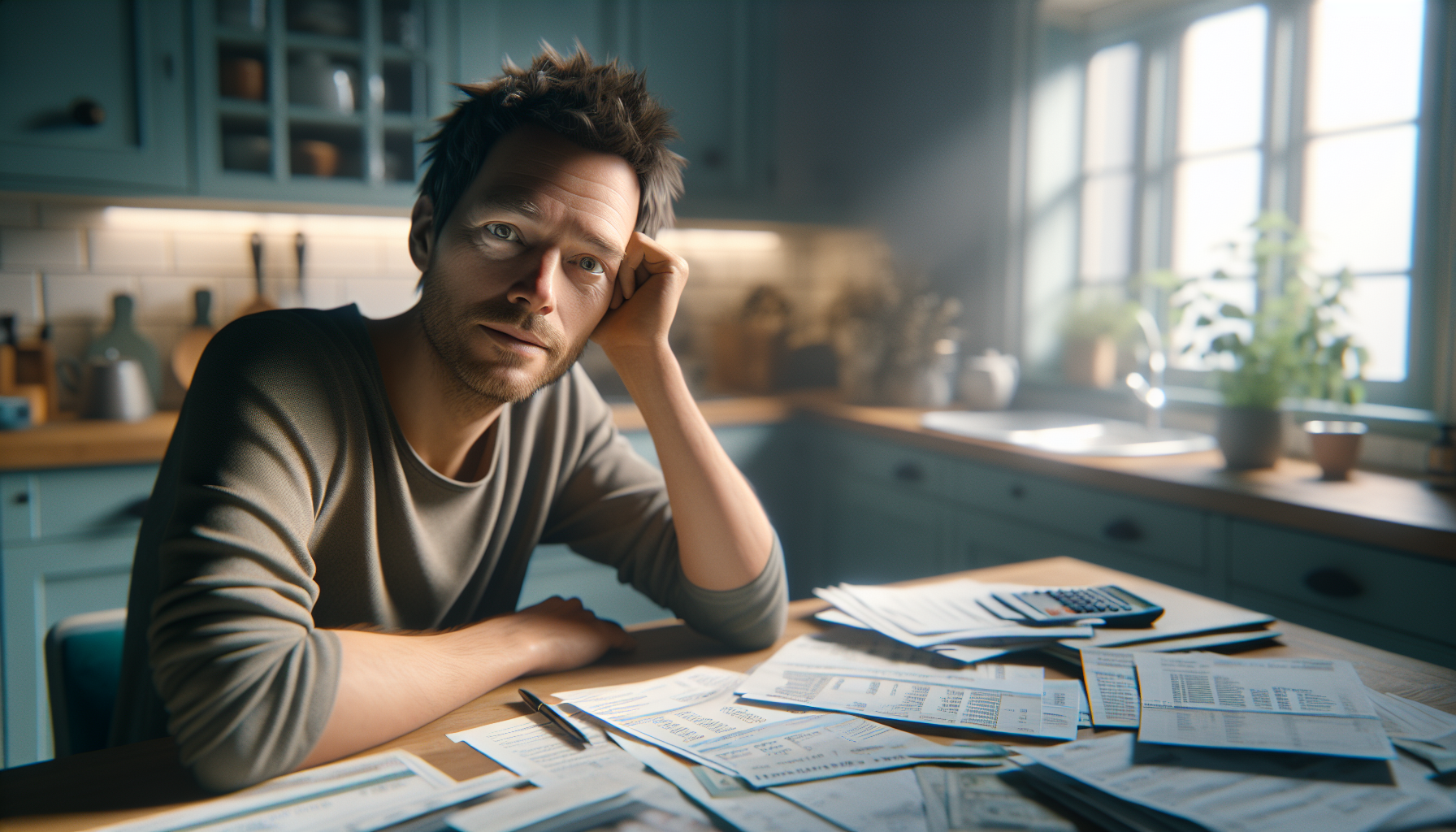 Person reviewing bankruptcy paperwork at a kitchen table